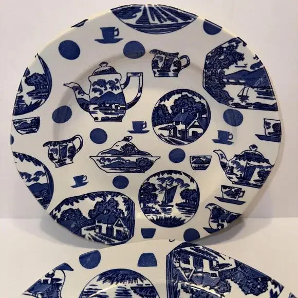 VTG 7.5" Plate Pictorial Britain Burgess & Leigh England Blue White Set of 6